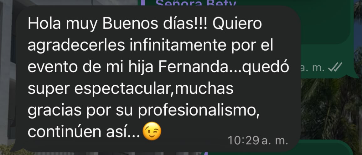 Mensaje de agradecimiento por el evento de Fernanda