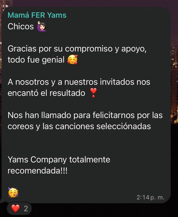 Mensaje de Mamá de Fer recomendando Yams Company